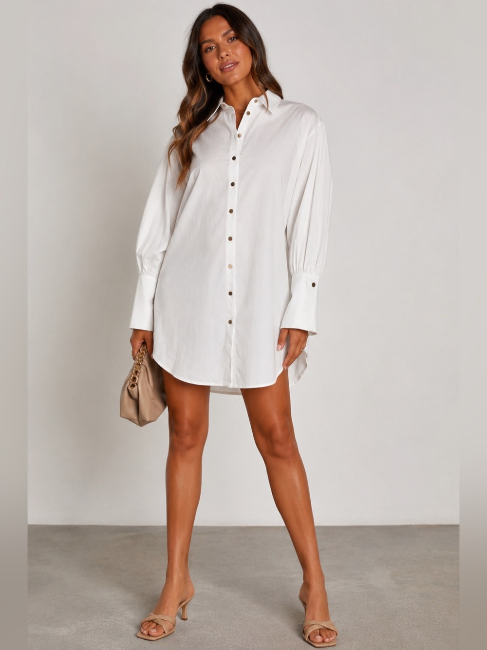 KAILIER Boutique Button Up Dress Blouse Elegant Gold Buttons Minimalist Luxury L